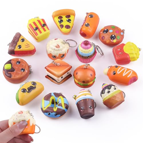 Anboor Mini Lebensmittel Squishies Spielzeuge - 16 Stück Weiche Kawaii Fast Food Quetsch Stressabbau Sensorik Spielzeuge für Kinder, Langsam Rückfedernde Schlüsselanhänger Fidget Toys für Partytüten