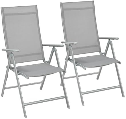 SONGMICS Gartenstuhl, 2er Set, Klappstuhl, 8-Fach verstellbare Rückenlehne | Outdoor-Stuhl, mit Metallgestell, bis 150 kg belastbar, grau, SANDY Kollektion GCB29GY