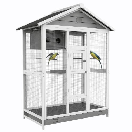 PawHut Voliere aus Holz für Sittiche Finken 2 Türen 112 x 68 x 154 cm Grau | Vogelvoliere, Vogelkäfig, 4 Sitzstangen, Stahlgitter, Vogelhaus, Stahl