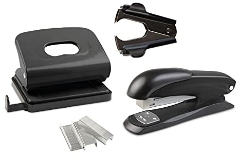 Idena 12086 - Office Set 4-teilig, Locher, Heftgerät, Heftklammer-Entferner und Heftklammern 24/6
