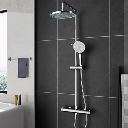 MORADO Duschsystem mit thermostat,3 Strahlarten Duschkopf, 80-115 cm Duschstangen,Duschset,Duscharmatur Komplettset mit 22cm Rund Regendusche Duschkopf