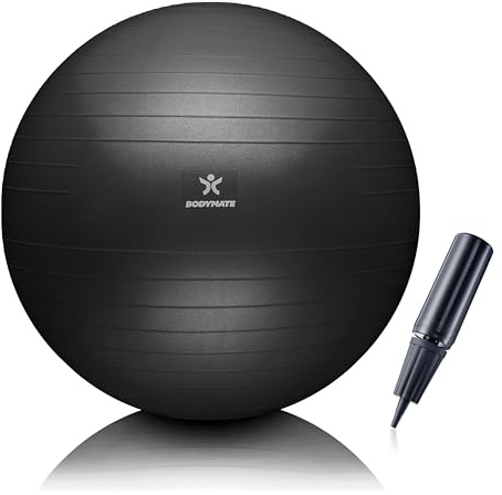 BODYMATE Gymnastikball Sitzball Trainingsball mit GRATIS E-Book inkl. Luft-Pumpe, Ball für Fitness, Yoga, Gymnastik, Core Training, für starken Rücken als Büro-Stuhl ANTHRAZIT 65cm