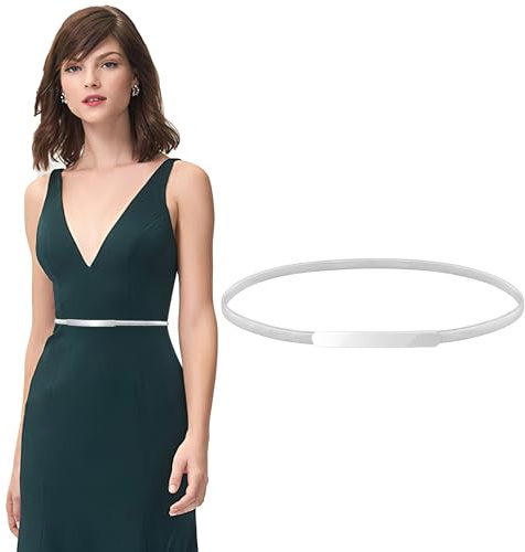 VONMELLI Schmaler Metall Taillengürtel für Kleid Damen Elastischer Dünner Kettengürtel für Damen Silber M