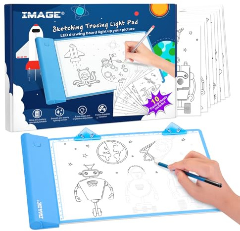 IMAGE A4 Leuchttisch, einstellbarer Helligkeit Leuchttafel Kabellos Farbtafel für Kinder, leuchtkasten mit 10 verfolgbare Bilder, Geschenk und Spielzeug zum Nachzeichnen und Schreiben lernen, Blau
