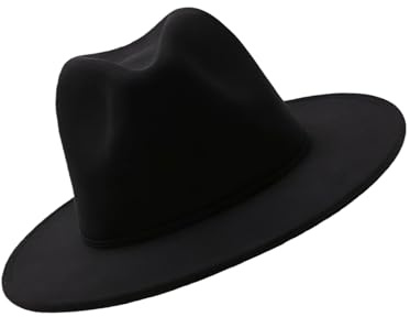 vipolish Schwarzer klassischer Fedora-Hut aus Wollfilz, breite Krempe, Panama, Cowboy, Jazz, Schlapphut, Sonnenhut, Kopfbedeckung, Kirche, Derby-Kappe für Unisex, Schwarz , Einheitsgröße