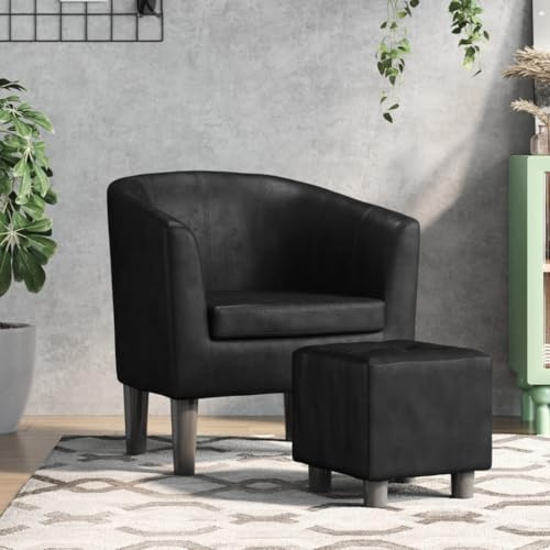 LoogCape Clubsessel mit Fußhocker Schwarz Kunstleder, Sessel Stuhl mit Armlehne und Rückenlehne, Relax Lounge Einzel für Wohnzimmer Büro Gästezimmer, platzsparend, 110 kg Belastbarkeit