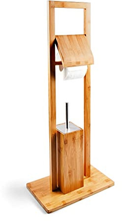 Relaxdays WC Garnitur aus Bambus, HBT: 82 x 36 x 21 cm, Standgarnitur mit Toilettenbürste und Klorollenhalter, Natur