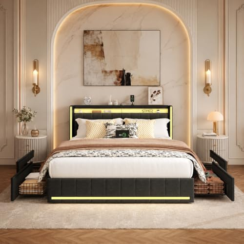 KeepGoon Doppelbett 160 x 200 cm,Polsterbett mit LED-Leuchten, 4 Eisenschubladen und einem USB Ladeanschluss,Stauraumbetten Bettgestell,Leinenstoff (Dunkelgrau)