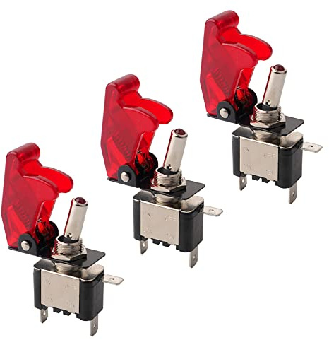 QitinDasen 3Pcs Professionell 20A / 12VDC Auto Kippschalter, mit Rot Wasserdichte Abdeckung Rot LED Kontrollleuchte, EIN/AUS 2 Position SPST 3-Polig Rocker Toggle Switch