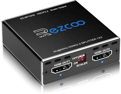 4K 60Hz HDMI Splitter 1x2 1080P 120Hz HDCP2.2 HDR 18Gbps UHD Dolby Vision Atmos EDID Scaler 4K 1080P Dual Monitors HDMI 2.0 Splitter 1 in2 Out for PS5, SkyQ, Xbox, Fire Stick