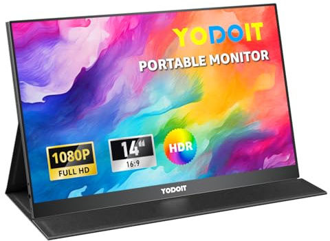 Yodoit Portable Monitor 14 1920×1080 100% sRGB FHD Tragbarer Laptop Screen Erweiterung Externer Bildschirm USB-C & HDMI mit Schutzhülle & Lautsprecher, Mobiles Display für PC, Mac, Xbox, PS, Switch