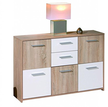 Inter Link – Kommode – Sideboard - Kommode mit 5 Türen und 2 Schubladen – 2 Farbig – Melaminbeschichtet – Sonoma Eiche Nachbildung und Weiß – BxTxH: 115x30x77 cm – Elvezia
