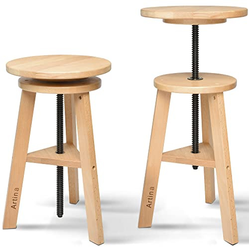 Artina Malhocker Drehhocker Holz höhenverstellbar 360° drehbar belastbar | Ø30cm Sitzfläche 48-66cm Buchen-Holz rund Künstlerhocker Künstlerdrehstuhl Sitzhocker Werkstatthocker belastbar Arles