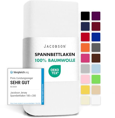 Jacobson Jersey Spannbettlaken Spannbetttuch Baumwolle Bettlaken (90x200-100x200 cm, Weiss)