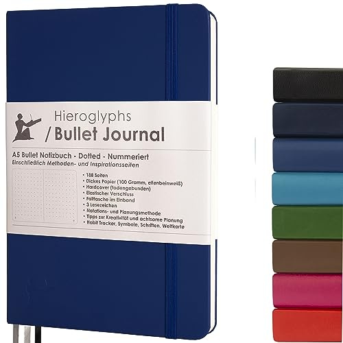 Hieroglyphs Bullet Journal A5 dotted - Hardcover Notizbuch mit 192 nummerierten Seiten, 100 g/m² Papier, 3 Lesezeichen, Gummibandverschluss & Anleitung auf Deutsch, Dunkelblau