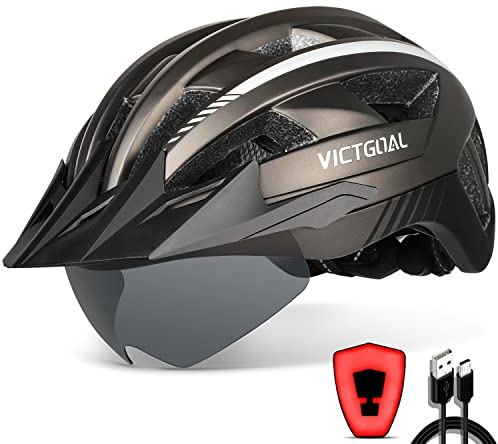 VICTGOAL Fahrradhelm Herren Damen mit Visier, USB Rücklicht, Magnetbrille