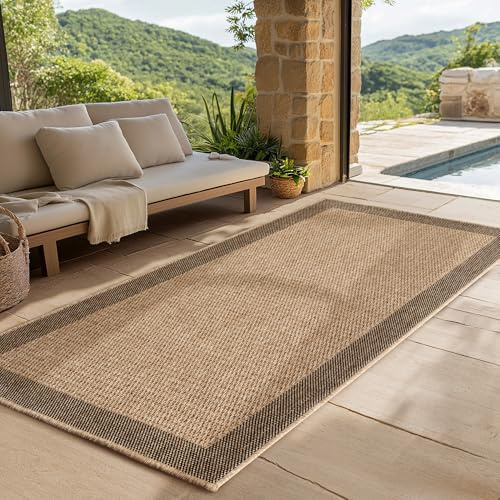 SIMPEX Outdoor Teppich Läufer 80x150 cm Wetterfest Pflegeleicht Jute Natur Optik Bordüre Design für Flur Eingang Küche Terrasse Balkon