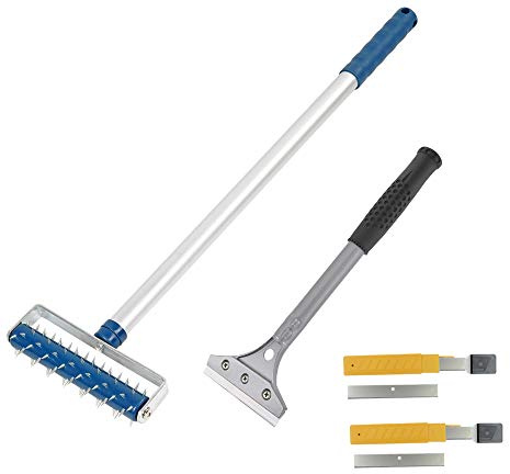 Tapetenentferner Set: Stachelwalze bis 104cm Nagelroller + Tapetenschaber + 20 Klingen Igelwalze Tapetenigel zum Perforieren Stachelroller Entlüftungswalze Tapetenlöser
