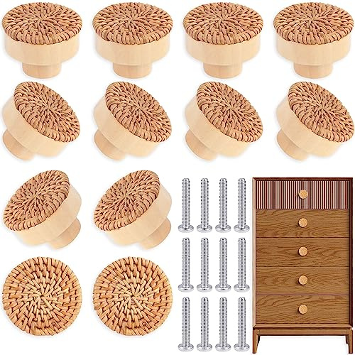 12 Stück Rattan Möbelknöpfe Schrankknöpfe Boho Deko Schränke Möbelknöpfe Holz Kommodenknöpfe Schubladenknöpfe Vintage Schubladenschrank Holz Griffe für Küchenschränke Türknauf Schrankgriffe 4cm