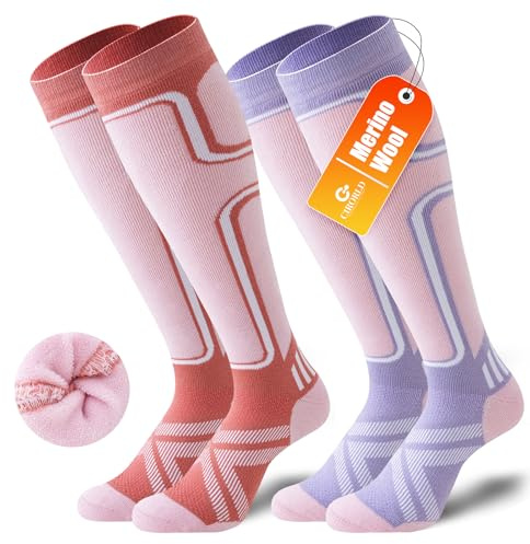 Cirorld 2 Paar Skisocken aus Merinowolle für Damen Herren, Wärmende Wolle Thermosocken Dicke Wintersocken für Kaltes Wetter, Schnee, Skifahren, Snowboarden, Rosa&Violett 35-38