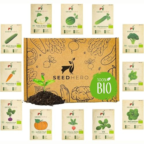 Deine Gartenwelt Seedhero BIO Gemüse Samen Set - 12 Sorten Gemüsesamen aus biologischem Anbau, samenfestes Saatgut, Samen Gemüse Set mit Gurke, Radieschen, Zucchini, Wassermelone, Kohlrabi und mehr