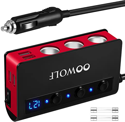 OOWOLF Zigarettenanzünder Verteiler 7 IN 1 180W Auto KFZ Ladegerät Adapter | QC 3.0 Schnellladung, 3-Fach 12V/24V Stecker, 4x USB-A, mit separatem Schalter, für Smartphone, Tablet, Navi, GPS