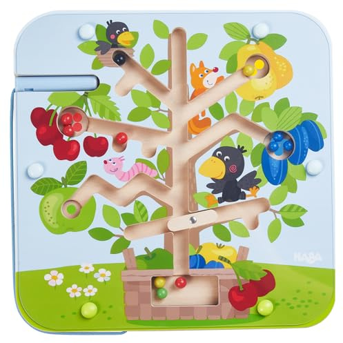 HABA Magnetspiel Obstgarten – Labyrinth mit Magnetstift und Kugeln, fördert Zählen und Farbzuordnung, Holzspielzeug ab 2 Jahren – 1306083001