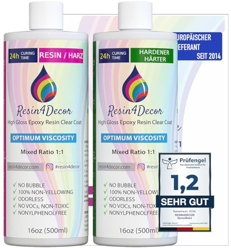 RESIN4DECOR 1000ml Epoxidharz Set [Kristallklarer 1:1 Gießharz-Klebstoff] – Für Kunsthandwerk, Schmuck & Formenbau (Geruchlos, Vergilbungsfrei, Ungiftig) – Resin Laminierharz mit 24h Aushärtungszeit