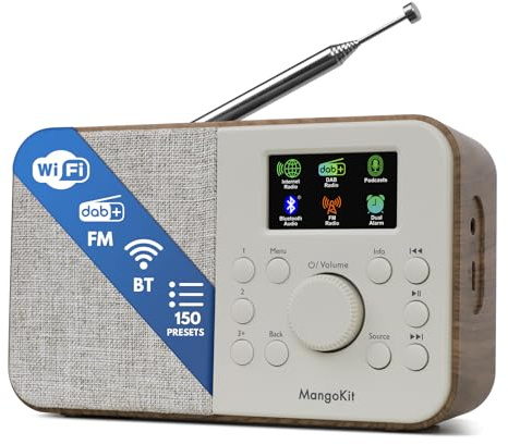 MangoKit SR-L Internetradio,DAB Radio mit Bluetooth,UKW,Podcast,Walnuss | Tragbares WLAN Radio,150 Favoriten, Radiowecker, Kopfhöreranschluss, Sleeptimer, Küchenradio, Netz- oder Batteriebetrieb