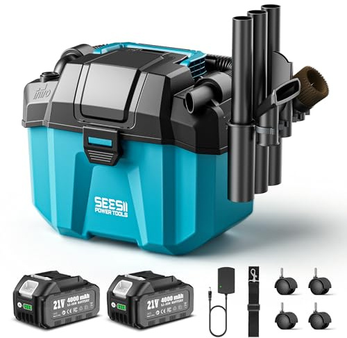 Seesii Akku Nass und Trockensauger, 3-in-1 Werkstattsauger mit GebläSe, 10L 2-Gang Nass- & Trockensauger mit Schultergurt, 4 RäDern und AufsäTzen, Ideal für Werkstatt/Auto/Baustelle (Blue)