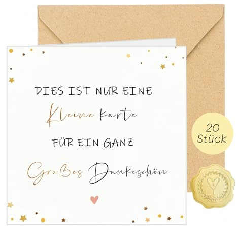 20 Stück Dankeschön Karte Danke Karten (Klappkarte) mit 20 Umschlag und 25 Gold Aufkleber Dankeskarten für Kollegen Lehrern Familie Freunde (Gefaltete Größe 14cm x 14cm) (Weiß)