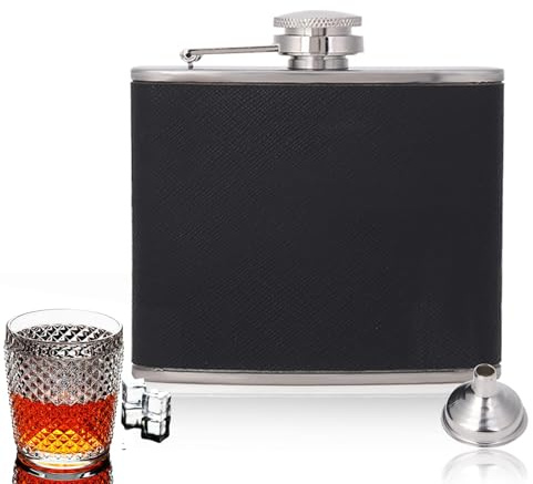 Edelstahl Flachmann Set 120ml/4oz, Auslaufsichere Taschenflasche mit Trichter, Leder Oberfläche, Edelstahl Tragbarer Schnapsflasche für Whisky Wodka Wein, Outdoor Camping Reisen Picknick
