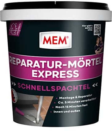 MEM Reparatur-Mörtel Express, Extrem schnell erhärtender Zementmörtel, Speziell für Schnellmontagen, Erreicht Endfestigkeit in nur 15 Minuten, 1 kg, Grau
