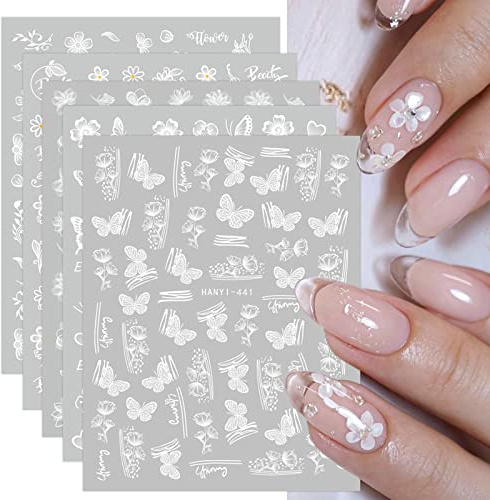 JMEOWIO Nagelsticker Frühlings Weiß Blume 12 Blatt Nail Art Sticker Selbstklebend Nagelaufkleber Sommer Schmetterling Blumen Blatt Dekoration Nageldesign Zubehör