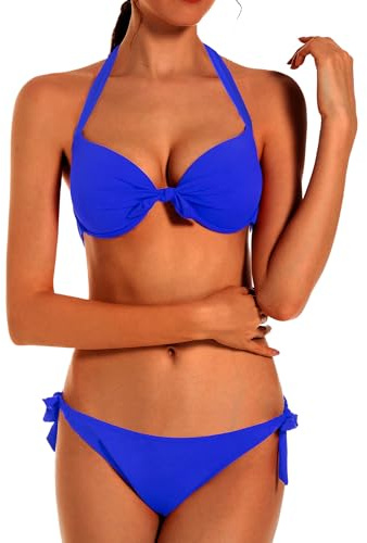 EONAR Damen Bademode Nackenträger Push up Bikinioberteil mit Underwire Einstellbar Seitlich Bindungen Bikini-Sets, Gr.- 70C/75C/80B (LargeBlue