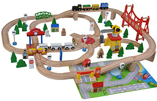Bandits & Angels Holzeisenbahn-Set 100-teilig mit Grundplatte ab 3 Jahren für Jungen und Mädchen – Eisenbahn-Set aus Holz mit 100 Teilen – inklusive 2 Zügen und Grundplatte – Eisenbahn für Kinder