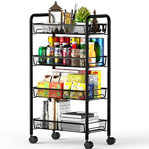 OVICAR 4-Etagen-Drahtkorb-Rollwagen, Küchenaufbewahrungs-Organizer-Nutzwagen, Vollmetall-Korb-Aufbewahrungs-Kunst-Trolley-Wagen mit Rädern & 4 seitlichen Haken