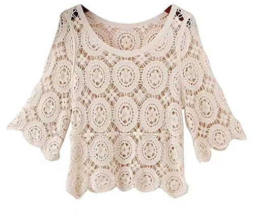 Damen Sommer 3/4 Ärmel Häkel-T-Shirt Strick Blumenmuster Pullover Top Strand Bluse Cover Up