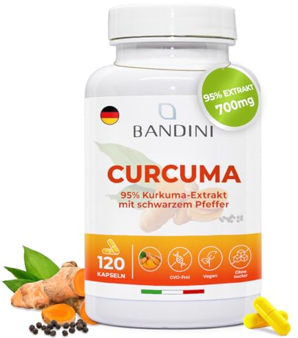 Bandini® Curcuma 700 mg Kurkuma pro Kapsel aus 95% Kurkuma-Extrakt — Curcumingehalt EINER Kapsel entspricht 10.000 mg – mit Piperin | 120 Kapseln, 1 Kapsel/Tag für 4 Monate