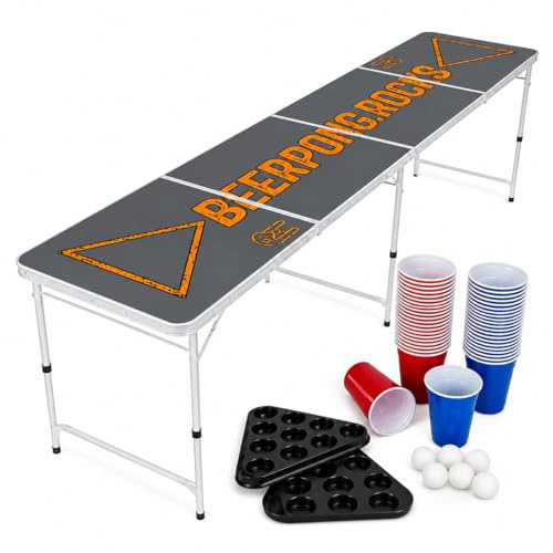 Vitavalley Bierpong Set Beerpong.Rocks | Klappbarer Beer Pong Tisch 240 x 60 x 70 cm | Inkl. 2 Racks, 50 Becher rot/blau & 6 Bälle | Transportabler Party Tisch für Festivals, WG-Partys & Trinkspiele