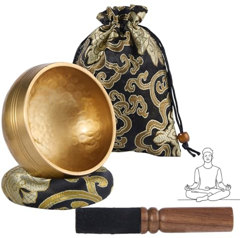 Tibetische Klangschalen Set Ø8cm, Klangschale klein für Yoga Meditation Entspannung, Hand gehämmert Messing Singing Bowl mit Holz Klöppel Klangschalenkissen Aufbewahrungsbeutel (Schwarz-Gold)