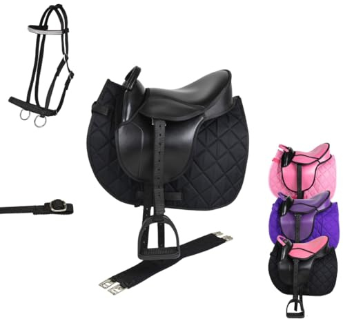 Marengos - Holzpferd Sattel Set | Sattel für Holzpferd mit Sattelgurt, Schabracke, Trense, Steigbügel & -Riemen | Sattel aus Kunstleder | Sattel-Typ Advanced in schwarz | Größe 12"