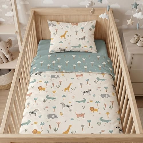 Baby Bettwäsche Set (2-teilig) aus 100% Baumwolle Oeko-Tex - Deckenbezug 100x135 und Kissenbezug 40x60 cm mit Reißverschluss - Kinderbettwäsche atmungsaktiv, temperaturregelnd, Safari mit Tieren