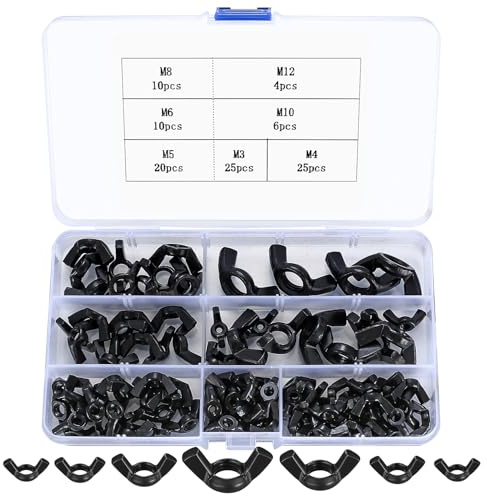 100 Stk Flügelmuttern Sortiment Kit, Kohlenstoffstahl Flügelschrauben, Schmetterlingsmutter Wing Nut Kits für Heimwerker DIY Tools elektronische Geräte Hardware, M3/M4/M5/M6/M8/M10/M12(100 schwarz)