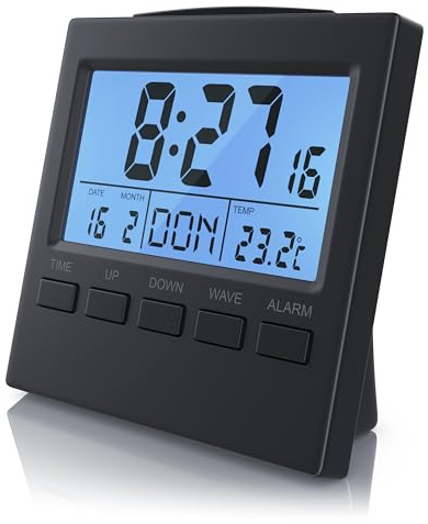 CSL - Funkwecker digital mit Temperaturanzeige - DCF-Funkuhr Reisewecker - 3,3 Zoll LCD-Display mit Blauer LED Hintergrundbeleuchtung - Innen- Datums- und Wochentagsanzeig
