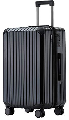 Münicase Reisekoffer L 66 cm, TSA, Hartschalenkoffer, Schwarz | Dehnfalte, Innenfächer, Kreuzgurt, Schutzecken, 360° Rollen, mehr Stauraum，Erweiterbar
