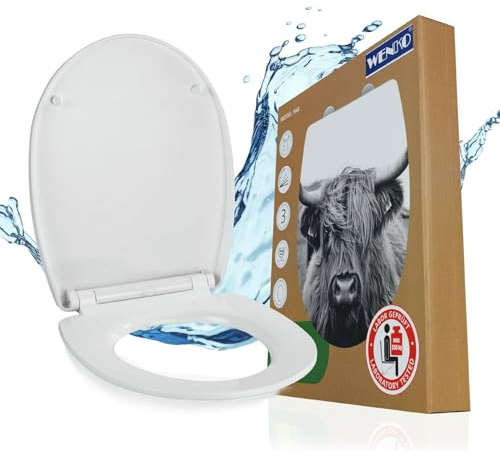 WENKO WC-Sitz mit Absenkautomatik (Softclose), Toilettensitz abnehmbar durch Fix-Clip, O-Form, bruchstabiler Thermoplast, Toilettendeckel mit mehrfarbigem Hochglanzdruck Yak-Motiv, Mod. Yak