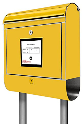 banjado® Standbriefkasten Edelstahl mit Zeitungsfach Motiv Briefkasten Gelb/Briefkasten mit Standfuß/Edelstahl Briefkasten freistehend - A4 Einwurf inkl. 2 Schlüssel
