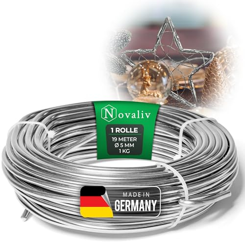 Novaliv 19 Meter Aluminiumdraht 5mm Silber, Basteldraht ideal als Biegedraht zum basteln, Vielseitig für DIY-Projekte und Dekorationen, 19m Rolle Dekodraht, Schmuckdraht, Blumendraht, Laternendraht