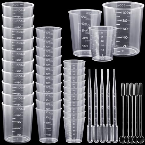 MirraSwit 30 Stück Kleine Messbecher 30ml/50ml/100ml | Wiederverwendbar Messbecher Set Kunststoff, Transparent Mischbecher Epoxidharz, mit Tröpfchen und Mischlöffel für Basteln